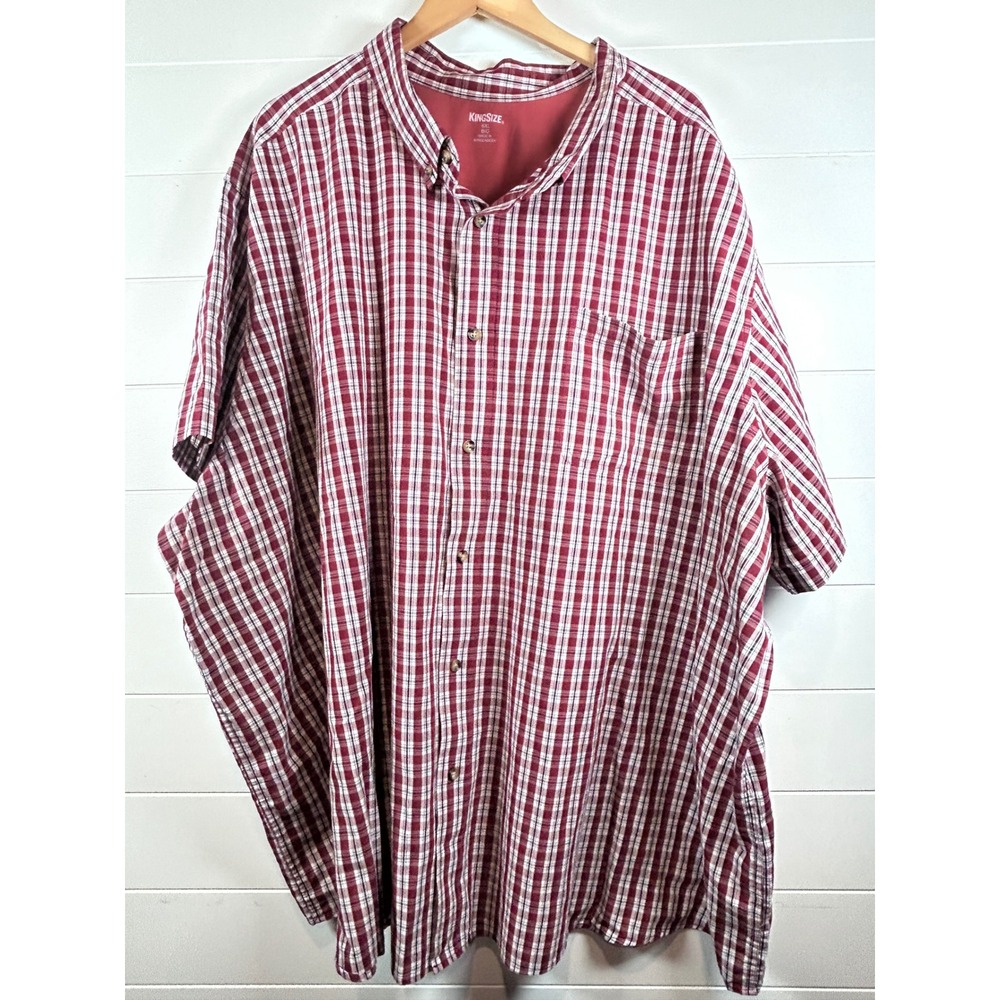 Kingsize 6XL Big Mens Plaid Short Sleeve Button‎ Up Shirt Burgundy White
